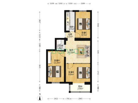 西革新里122号 3室1厅1卫 68平方