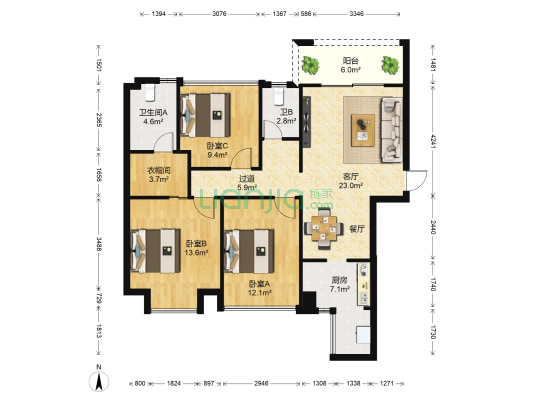 巴黎香醍 3室1厅2卫 102平方