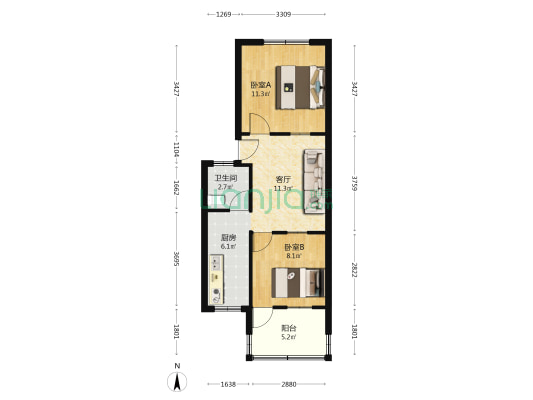 迎宾路14号院 2室1厅1卫 58平方