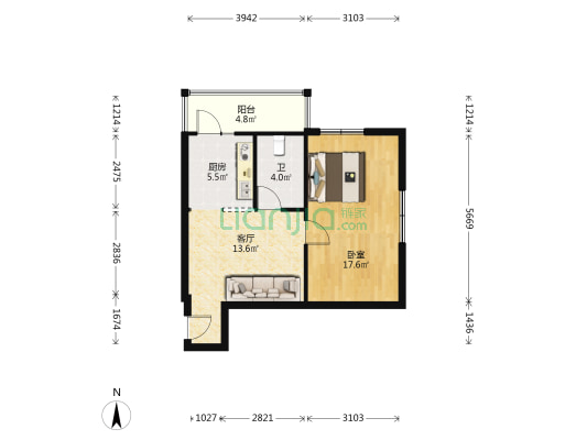 珠江嘉园 1室1厅1卫 59平方