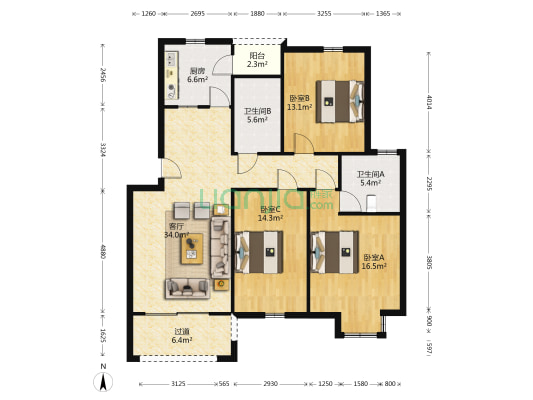 金陵月亮湾 3室1厅2卫 120平方