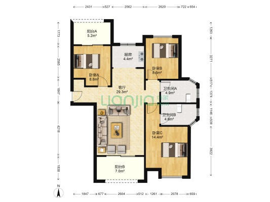 城南瓦房安置社区 3室1厅2卫 112平方