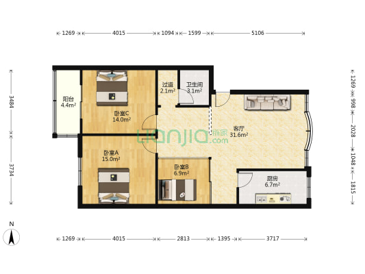 金地花苑 3室1厅1卫 103平方