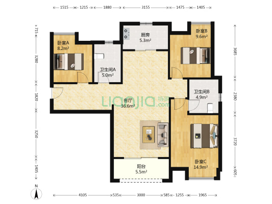 恒瑞上城 3室1厅2卫 108平方