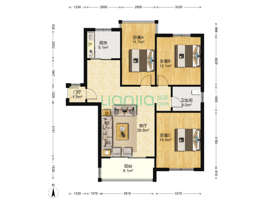 恒盛皇家花园 3室1厅1卫 110平方