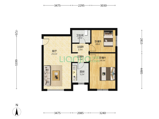金地经典 2室1厅1卫 80平方