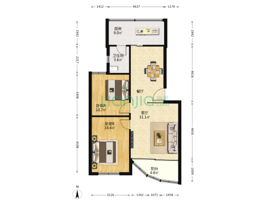 金鸡地产 2室1厅1卫 88平方