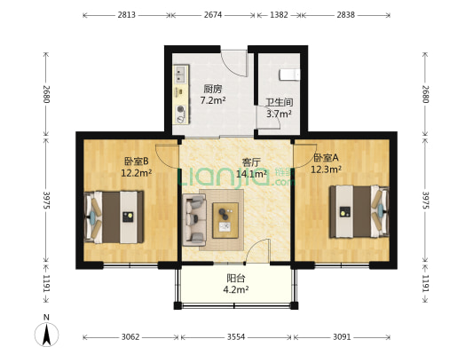 市一建小区 2室1厅1卫 64平方