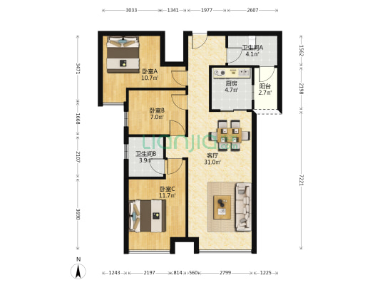 海伦堡海伦樾庭 3室1厅2卫 100平方