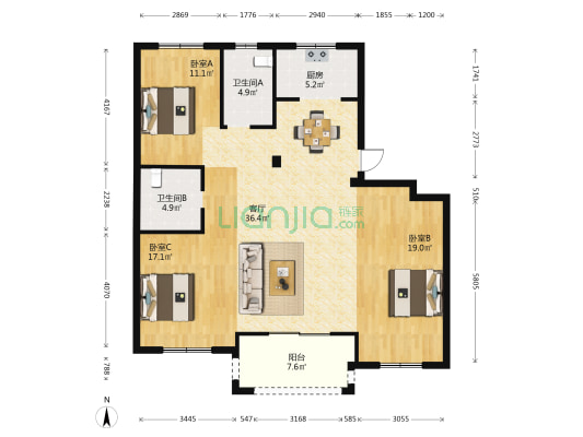 丰雅苑 3室1厅2卫 125平方