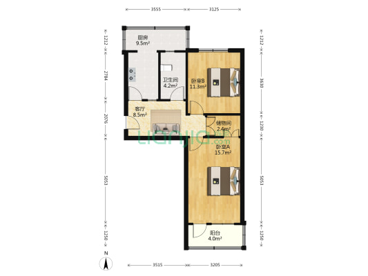 保险公司宿舍 2室1厅1卫 62平方