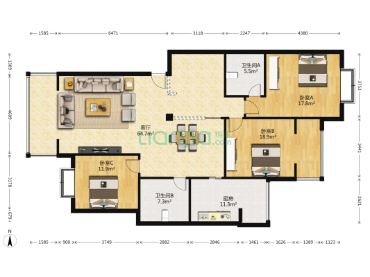 华泰创新家园 3室1厅2卫 160平方