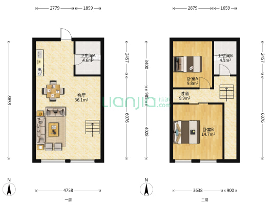 爱知国际 2室1厅2卫 63平方