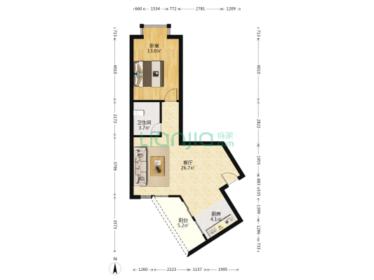 橡树园 1室1厅1卫 65平方