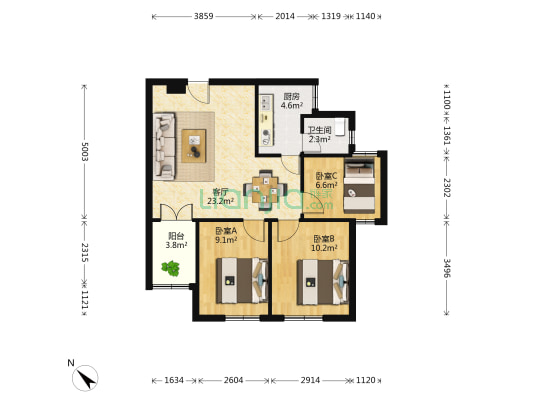 鹿丹村铁路小区 3室1厅1卫 68平方