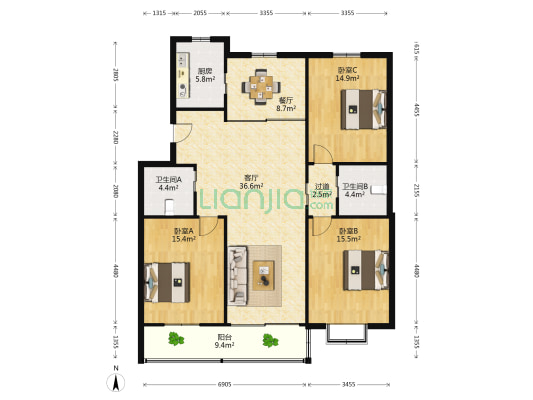双龙景苑 3室2厅2卫 133平方