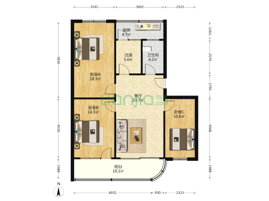 滨河苑 3室1厅1卫 114平方