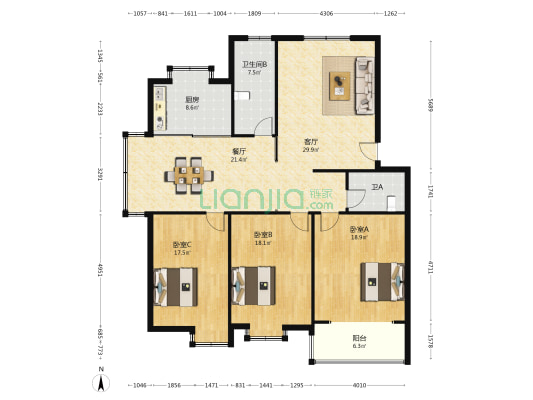 惠政新村B区 3室2厅2卫 157平方