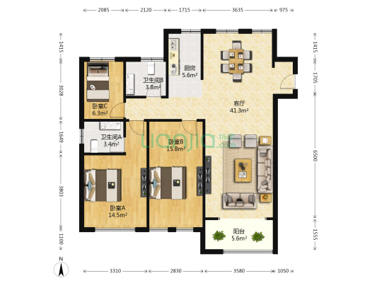 世茂大观北苑 3室1厅2卫 128平方