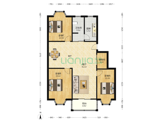 政园小区 3室1厅1卫 115平方