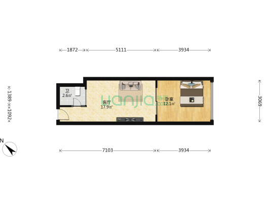 三亚·恒大美丽之冠 1室1厅1卫 52平方