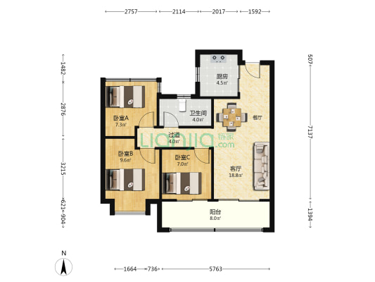 招商奥体公园三期 3室1厅1卫 92平方