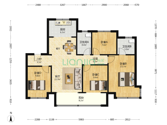 悦城壹品 4室1厅2卫 128平方