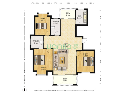 兴福锦园 3室1厅2卫 140平方