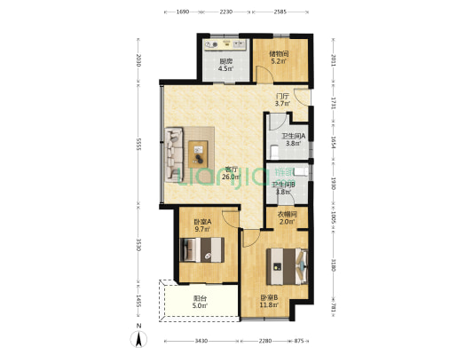 滨江旭辉滨旭府 2室1厅2卫 98平方