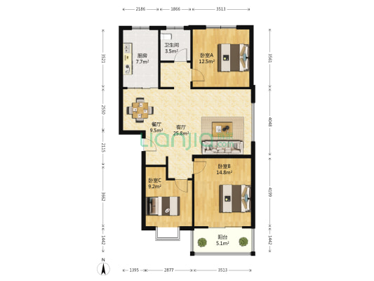 理想名家 3室2厅1卫 107平方