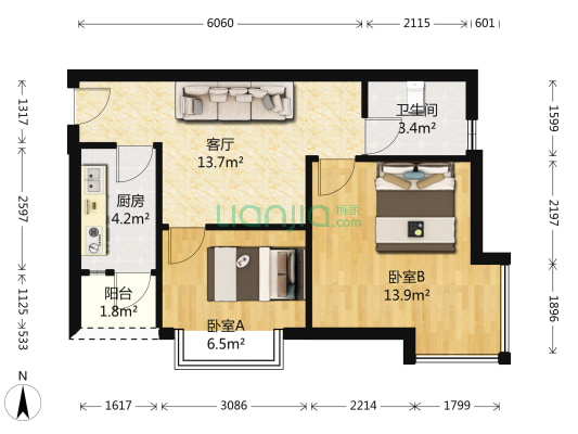 杰信雅邻 2室1厅1卫 59平方