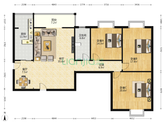 新南花园 3室2厅1卫 164平方