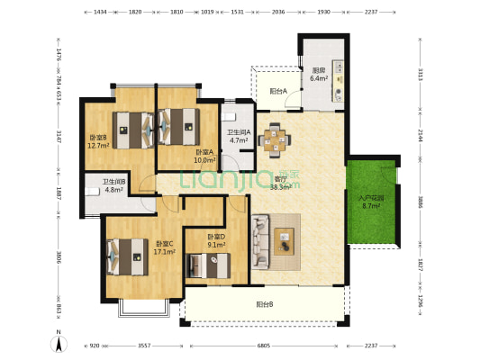 铂金广场 4室1厅2卫 148平方