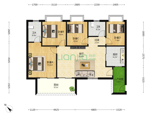 恒大美丽沙天宸湾(11地块) 4室1厅2卫 137平方