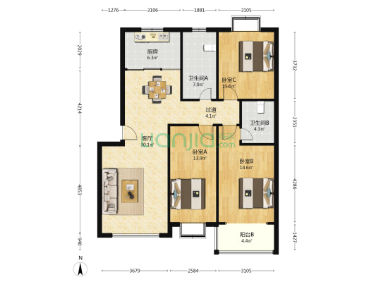 方井人家 3室1厅2卫 123平方