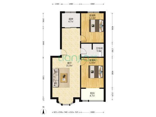 宏远二号院 冠云路 南北通透大两居-户型图