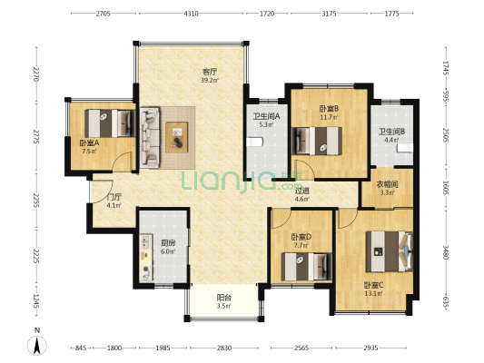 盛地领航城二期 4室1厅2卫 127平方