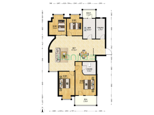 元洪锦江二期 4室1厅2卫 168平方