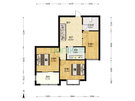 双湖新城1区 3室1厅1卫 76平方