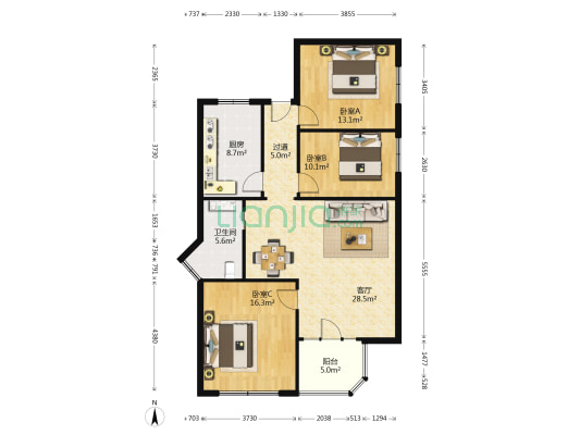 浪琴园 3室1厅1卫 115平方