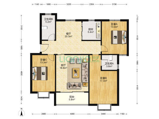 天逸湾花园 3室2厅2卫 120平方