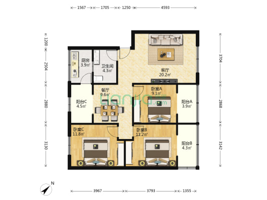 富丽园三期 3室2厅1卫 102平方
