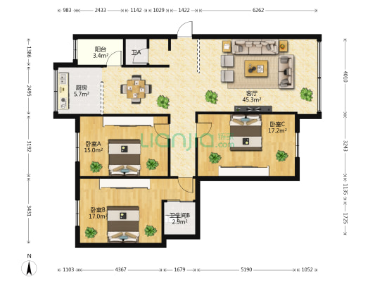 都市名园 3室1厅2卫 133平方