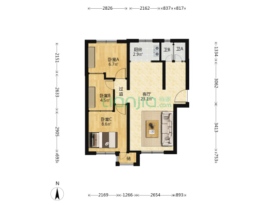 北京城建上悦居 3室1厅2卫 73平方