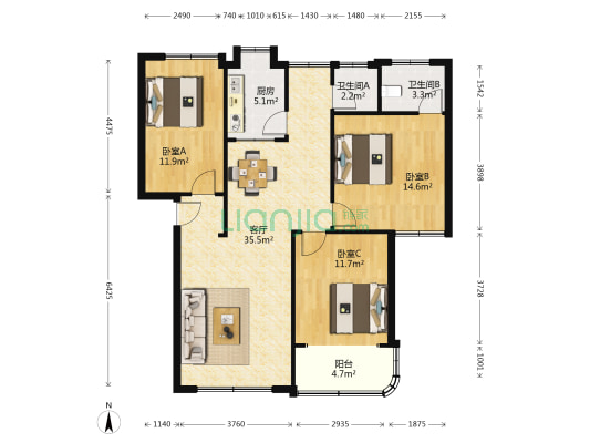 长沙县国税局宿舍 3室1厅2卫 107平方