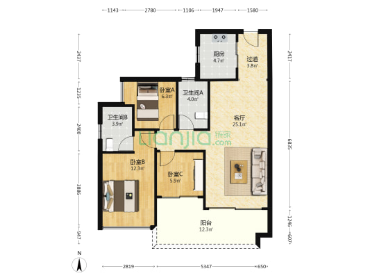 保利罗兰国际四期 3室1厅2卫 97平方