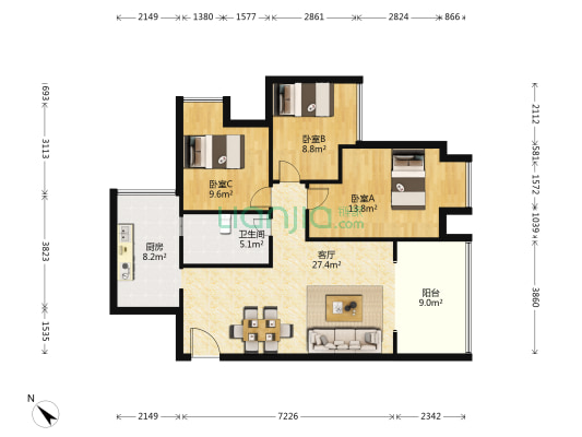 金泰公园大地 3室1厅1卫 93平方