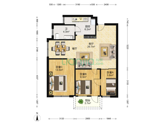 銀逹花園 3室1厅1卫 86平方