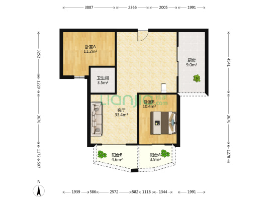 天奥金域兰庭 2室1厅1卫 90平方