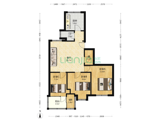 药材宿舍 3室1厅1卫 75平方